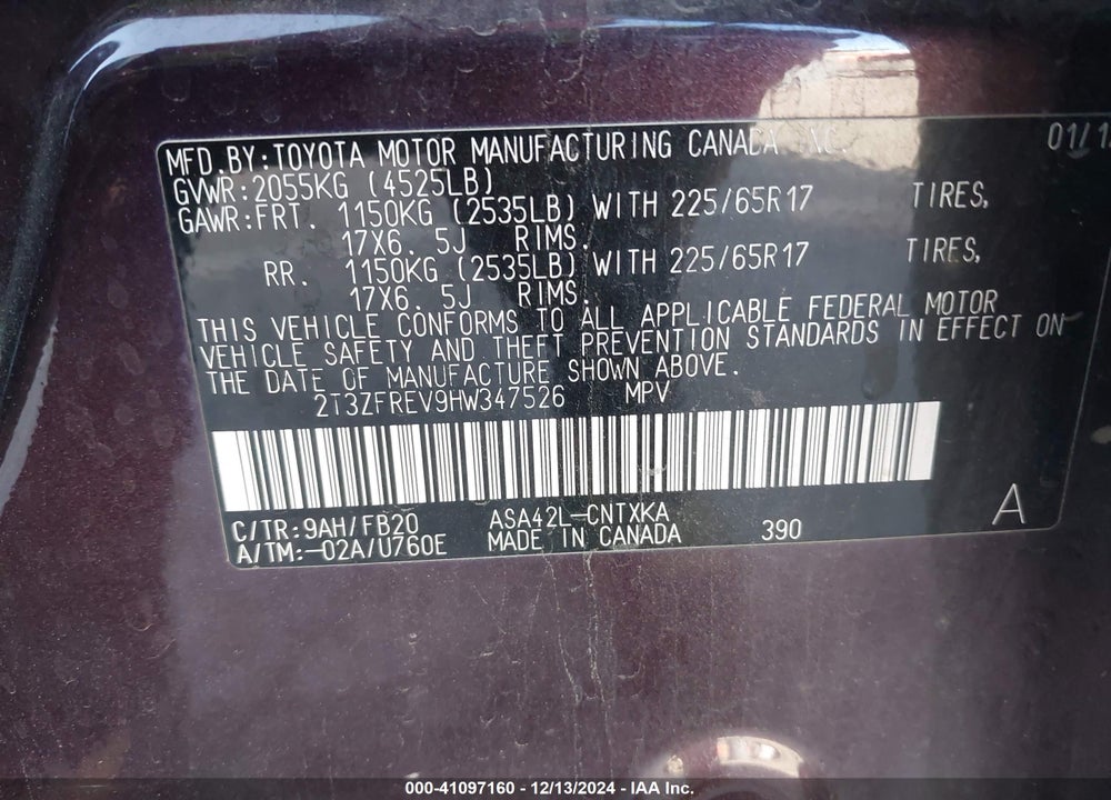 2017 TOYOTA RAV4 LE VIN: 2T3ZFREV9HW347526