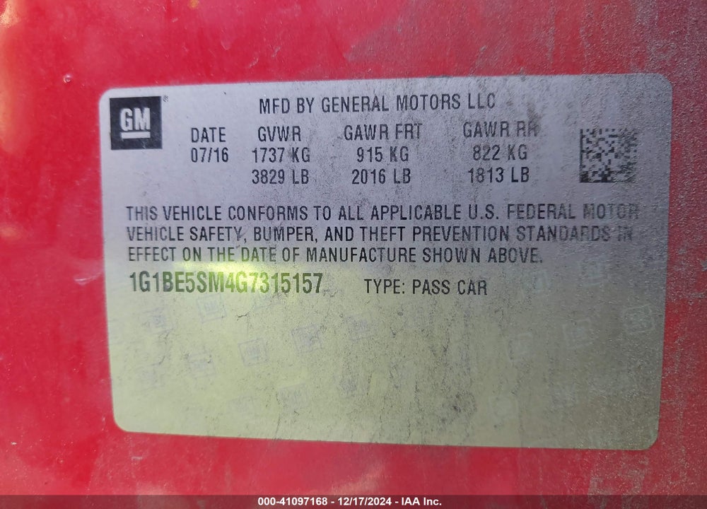 2016 CHEVROLET CRUZE VIN: 1G1BE5SM4G7315157