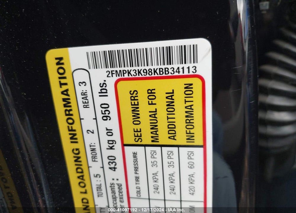 2019 FORD EDGE VIN: 2FMPK3K98KBB34113