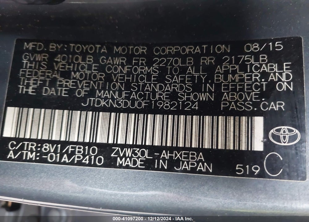 2015 TOYOTA PRIUS VIN: JTDKN3DU0F1982124