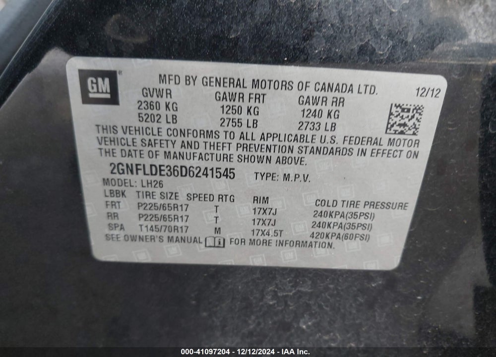 2013 CHEVROLET EQUINOX 1LT VIN: 2GNFLDE36D6241545