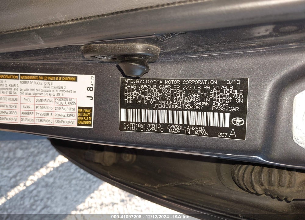 2010 TOYOTA PRIUS II VIN: JTDKN3DU5A1304087