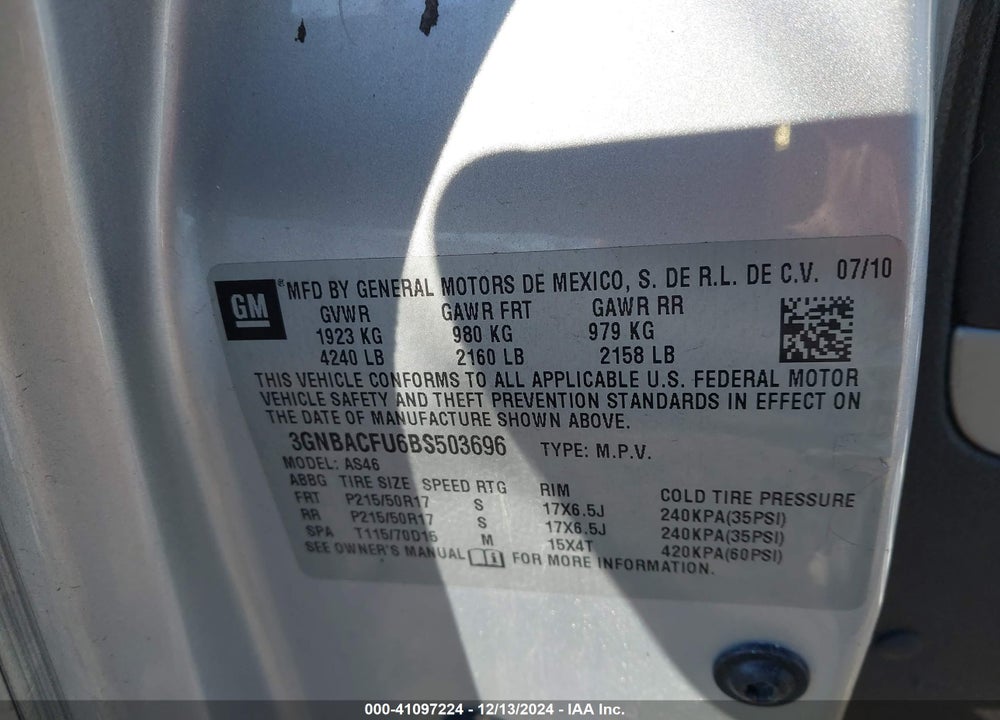2011 CHEVROLET HHR LT VIN: 3GNBACFU6BS503696