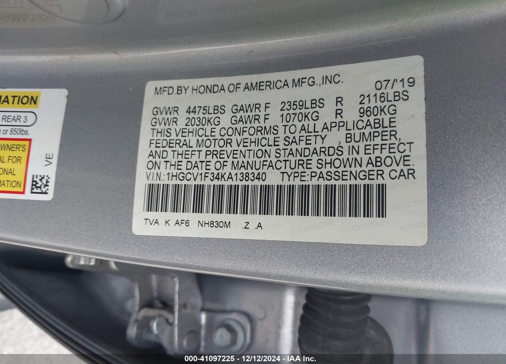 2019 HONDA ACCORD VIN: 1HGCV1F34KA138340