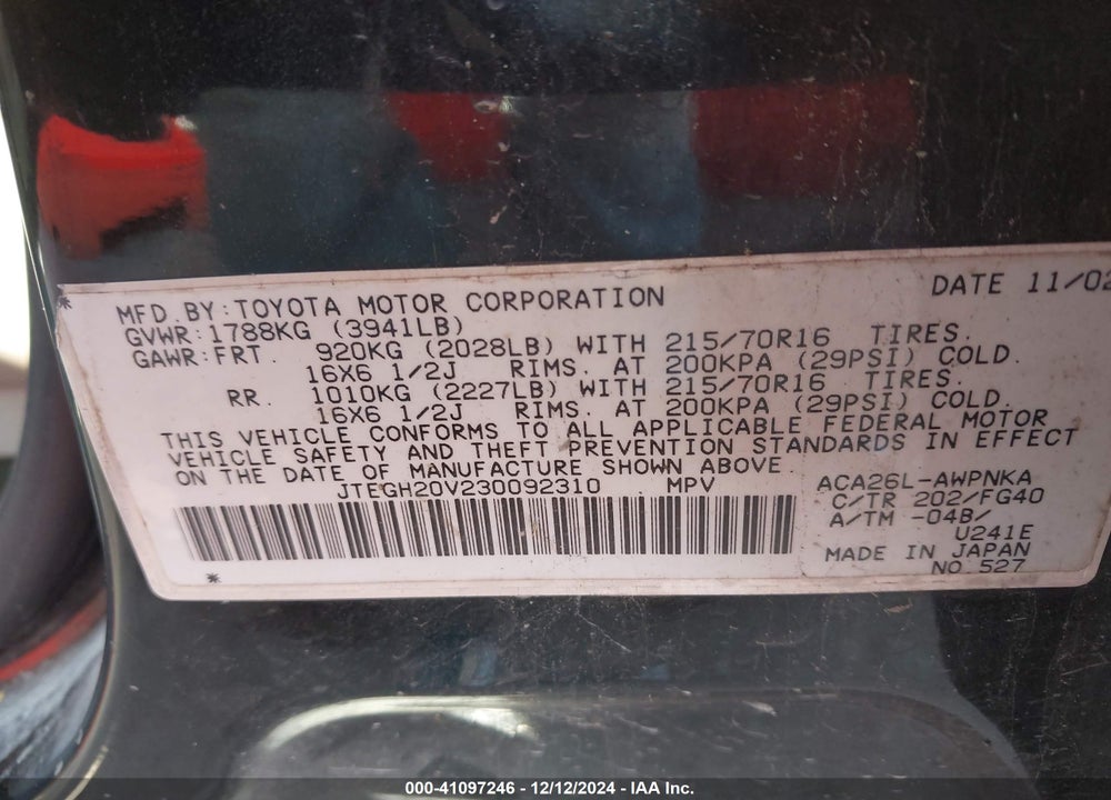 2003 TOYOTA RAV4 VIN: JTEGH20V230092310