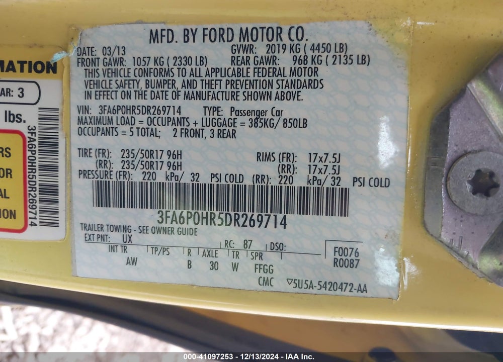 2013 FORD FUSION VIN: 3FA6P0HR5DR269714