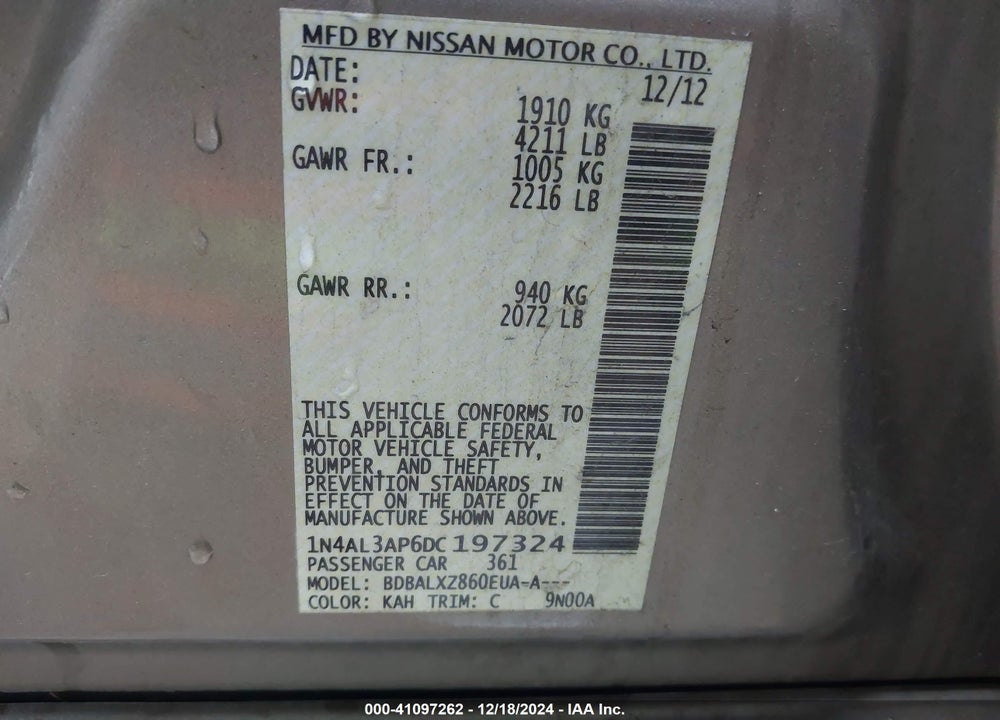 2013 NISSAN ALTIMA VIN: 1N4AL3AP6DC197324