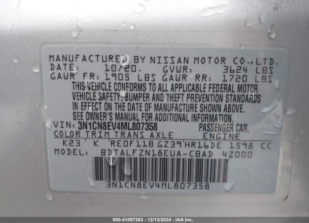 2021 NISSAN VERSA SV XTRONIC CVT VIN: 3N1CN8EV4ML807358