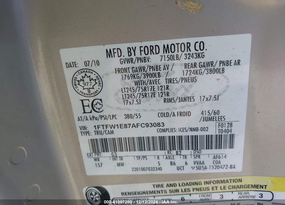 2010 FORD F-150 XL/XLT VIN: 1FTFW1E87AFC93083