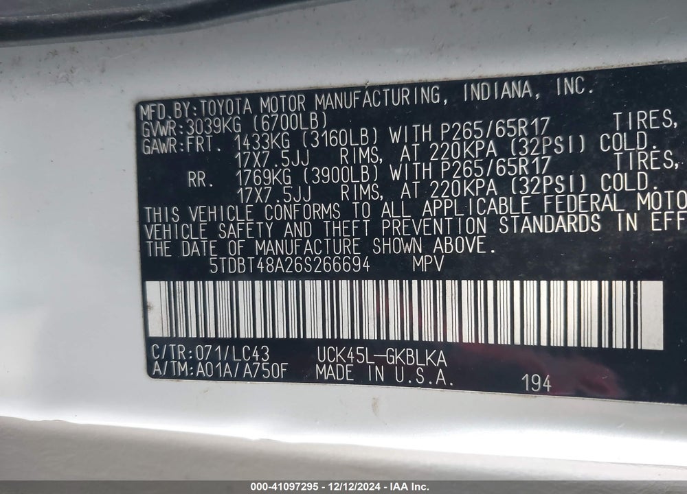 2006 TOYOTA SEQUOIA LIMITED V8 VIN: 5TDBT48A26S266694
