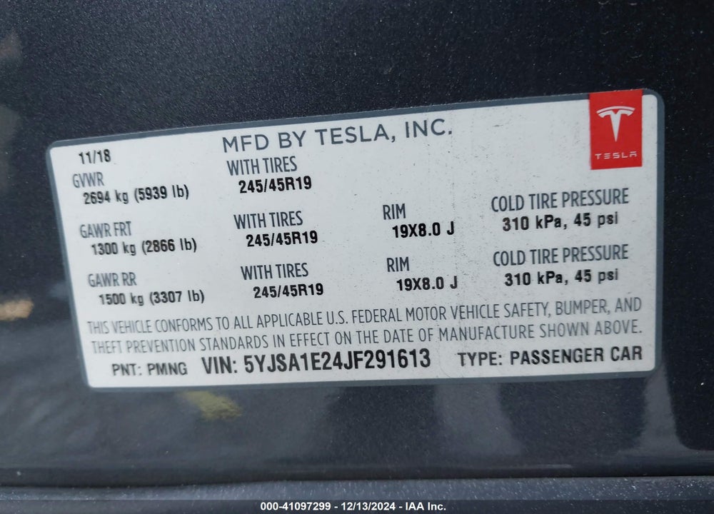 2018 TESLA MODEL S 100D/75D/P100D VIN: 5YJSA1E24JF291613
