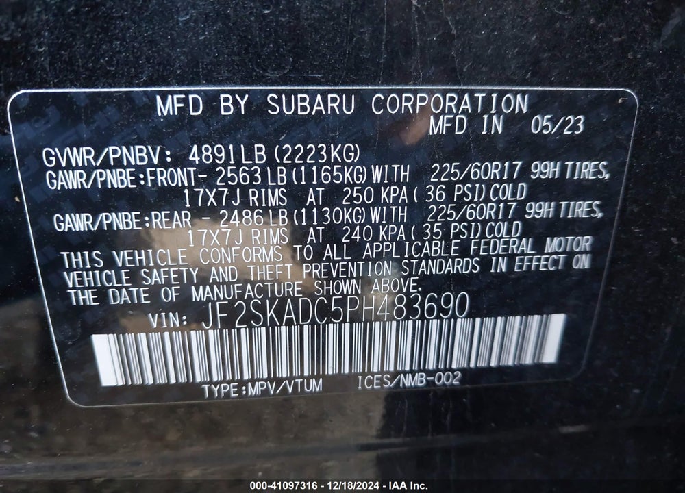 2023 SUBARU FORESTER PREMIUM VIN: JF2SKADC5PH483690
