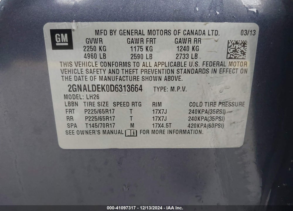 2013 CHEVROLET EQUINOX 1LT VIN: 2GNALDEK0D6313664