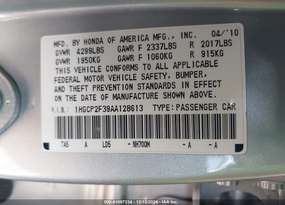 2010 HONDA ACCORD 2.4 LX VIN: 1HGCP2F39AA128613