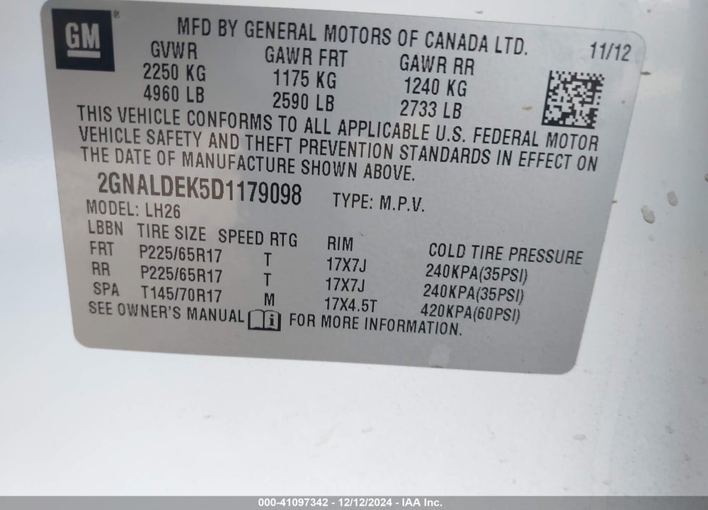 2013 CHEVROLET EQUINOX 1LT VIN: 2GNALDEK5D1179098