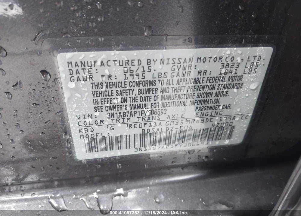 2015 NISSAN SENTRA SV VIN: 3N1AB7AP1FY306693
