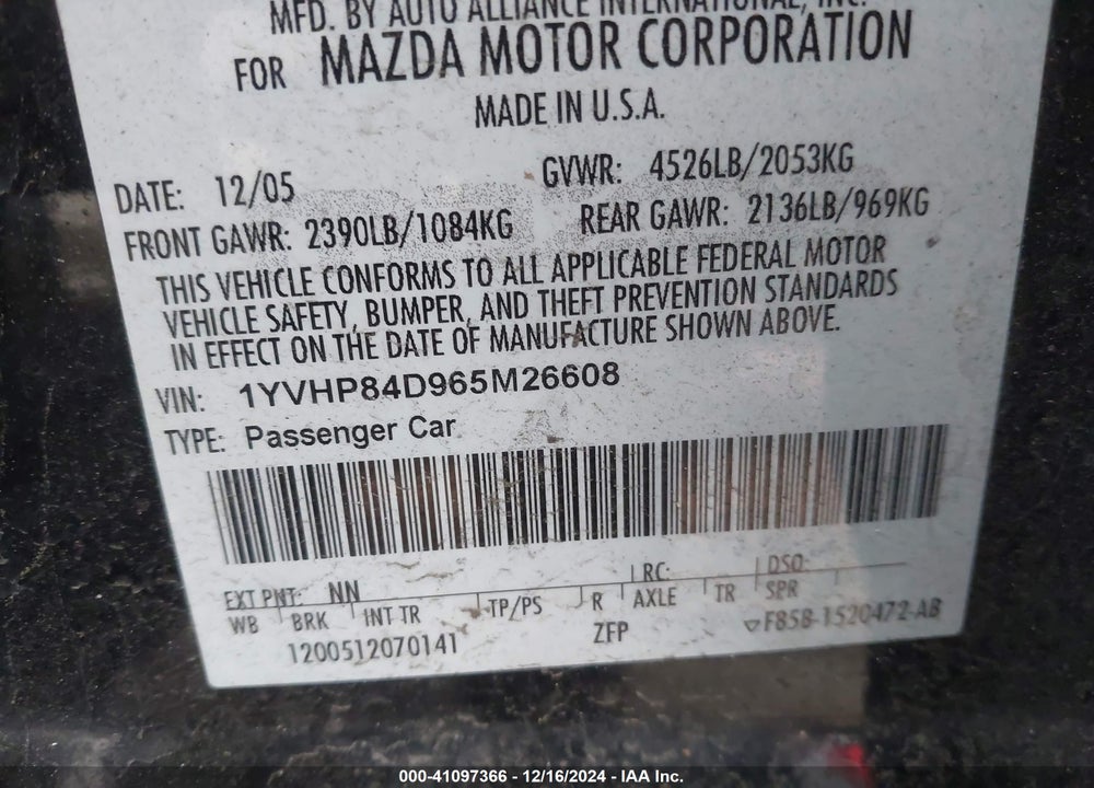 2006 MAZDA 6 SPORT S VIN: 1YVHP84D965M26608