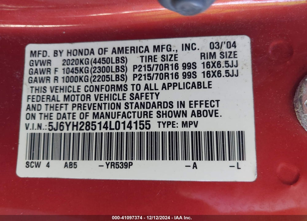 2004 HONDA ELEMENT EX VIN: 5J6YH28514L014155