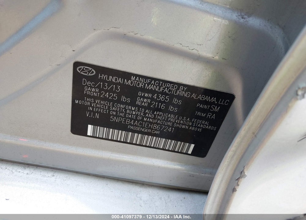 2014 HYUNDAI SONATA VIN: 5NPEB4AC1EH867241