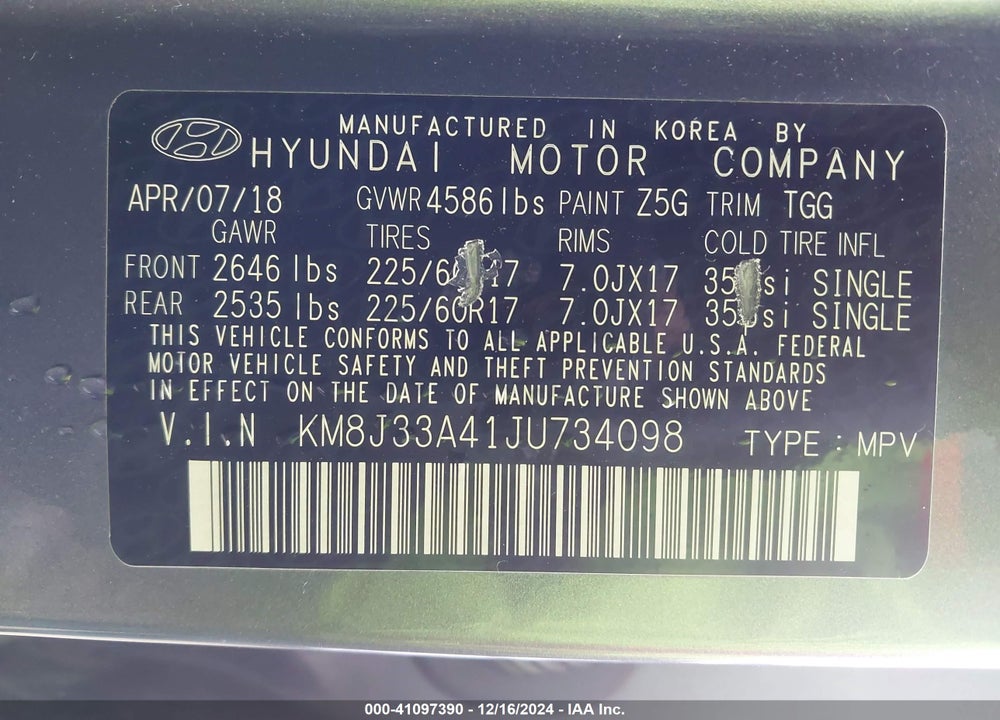 2018 HYUNDAI TUCSON SEL VIN: KM8J33A41JU734098