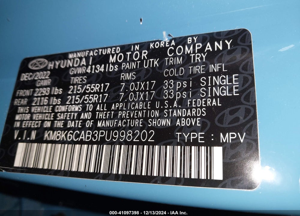 2023 HYUNDAI KONA SEL VIN: KM8K6CAB3PU998202