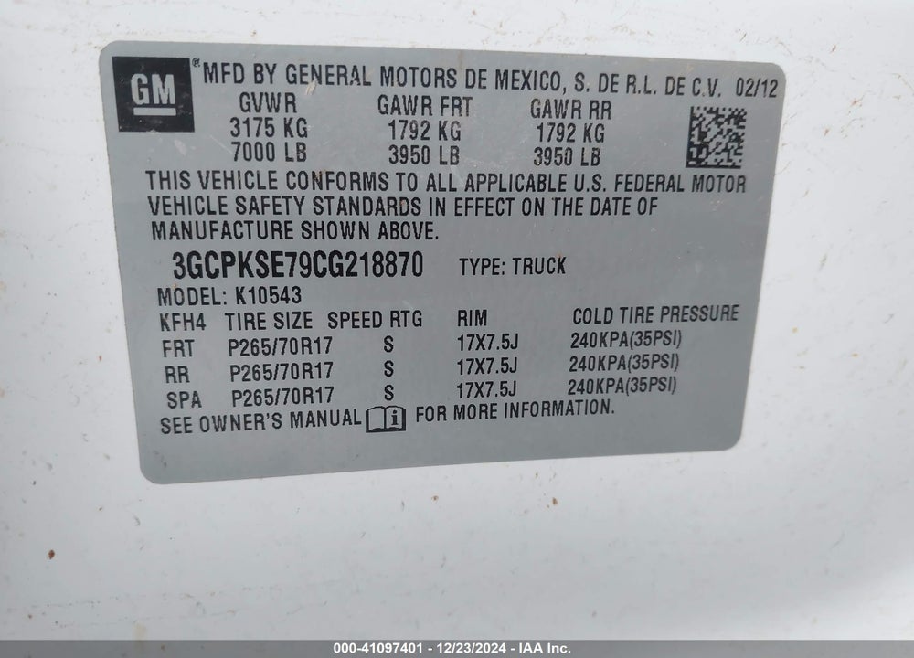 2012 CHEVROLET SILVERADO 1500 LT VIN: 3GCPKSE79CG218870