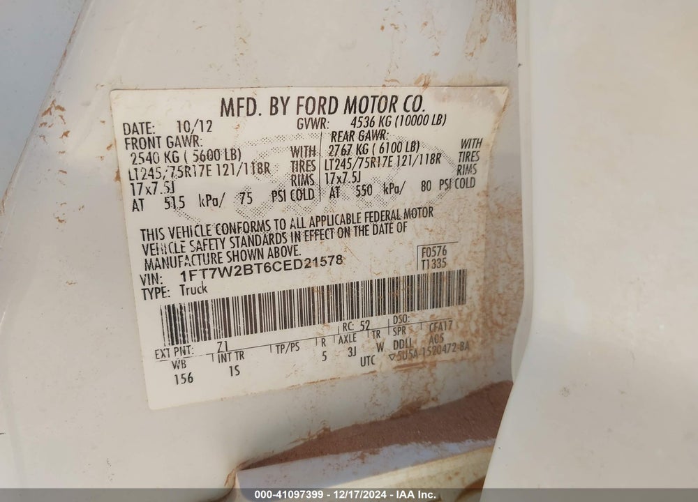 2012 FORD F-250 XL VIN: 1FT7W2BT6CED21578