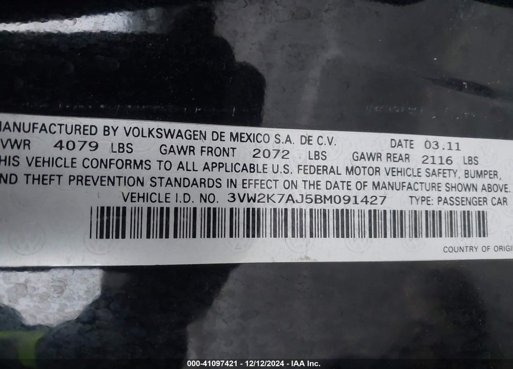 2011 VOLKSWAGEN JETTA 2.0L S VIN: 3VW2K7AJ5BM091427
