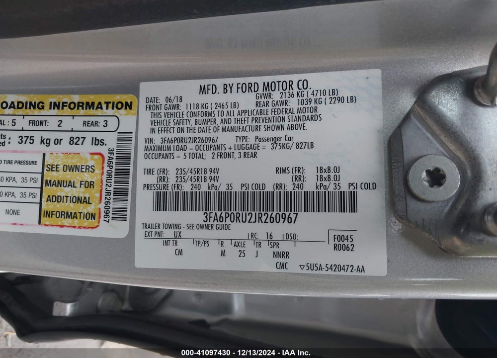 2018 FORD FUSION HYBRID VIN: 3FA6P0RU2JR260967
