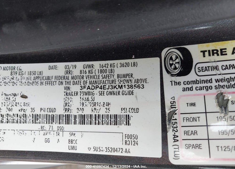 2019 FORD FIESTA VIN: 3FADP4EJ3KM138563