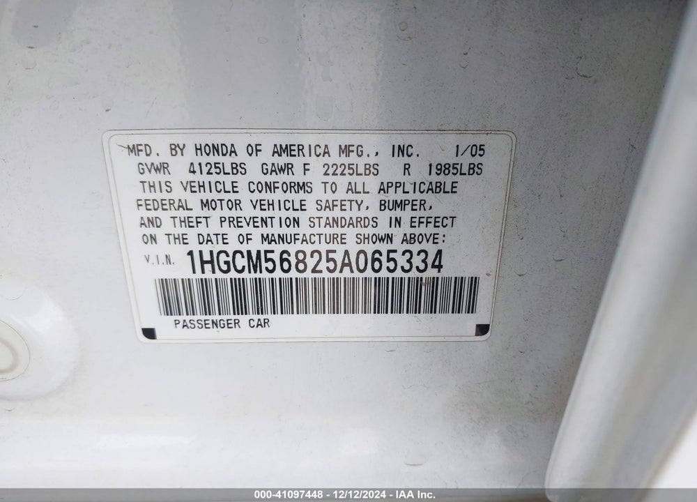 2005 HONDA ACCORD 2.4 EX VIN: 1HGCM56825A065334