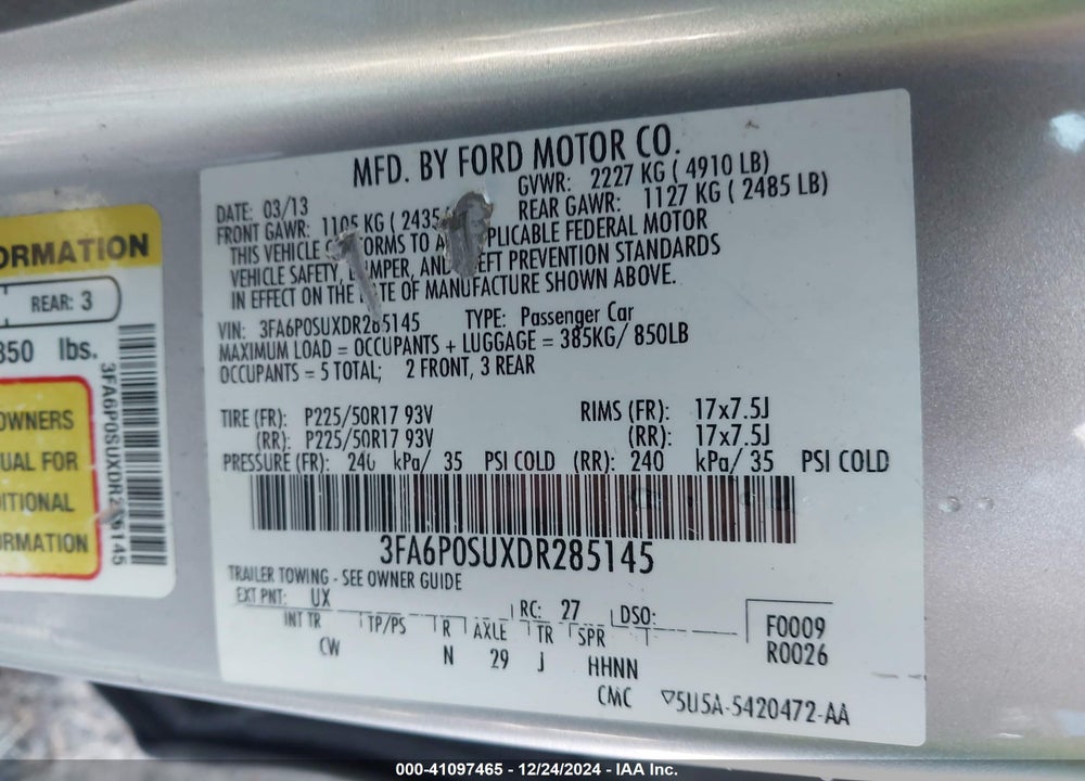 2013 FORD FUSION ENERGI TITANIUM VIN: 3FA6P0SUXDR285145