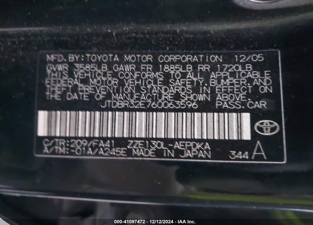 2006 TOYOTA COROLLA CE VIN: JTDBR32E760063596