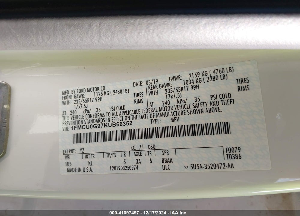 2019 FORD ESCAPE SE VIN: 1FMCU0G97KUB66352