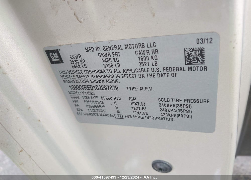 2012 GMC ACADIA SLT1 VIN: 1GKKVRED1CJ297079