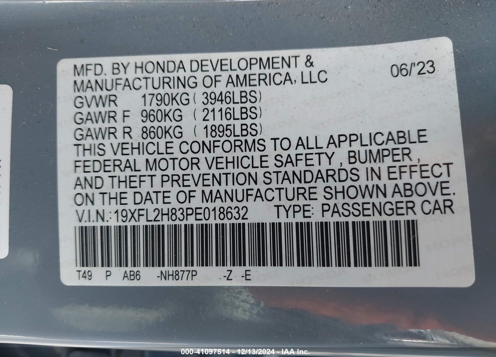 2023 HONDA CIVIC VIN: 19XFL2H83PE018632
