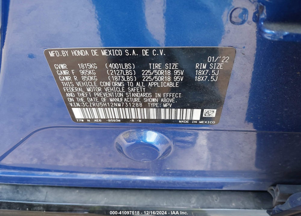2022 HONDA HR-V 2WD SPORT VIN: 3CZRU5H12NM731288