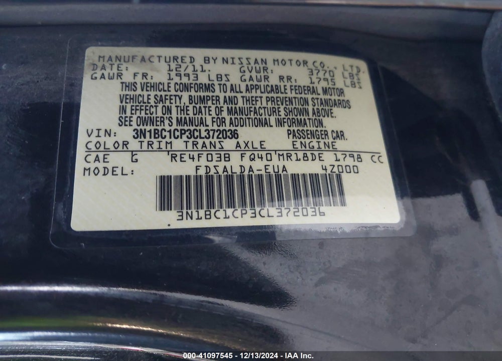 2012 NISSAN VERSA 1.8 S VIN: 3N1BC1CP3CL372036