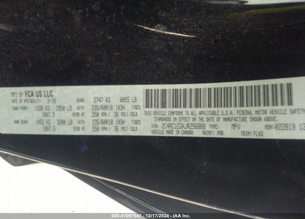 2018 CHRYSLER PACIFICA TOURING L PLUS VIN: 2C4RC1EGXJR256888