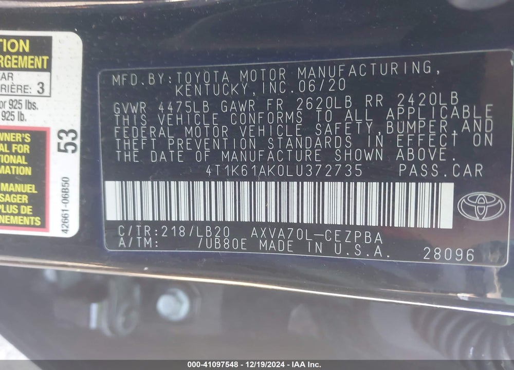 2020 TOYOTA CAMRY VIN: 4T1K61AK0LU372735