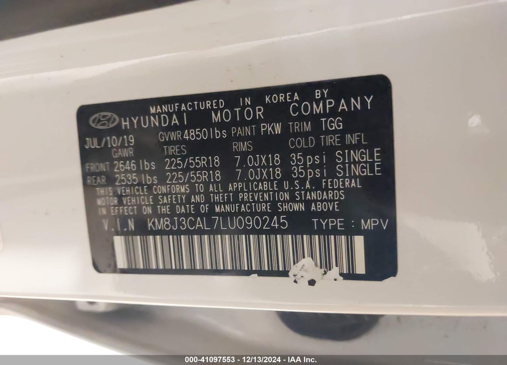 2020 HYUNDAI TUCSON SEL VIN: KM8J3CAL7LU090245