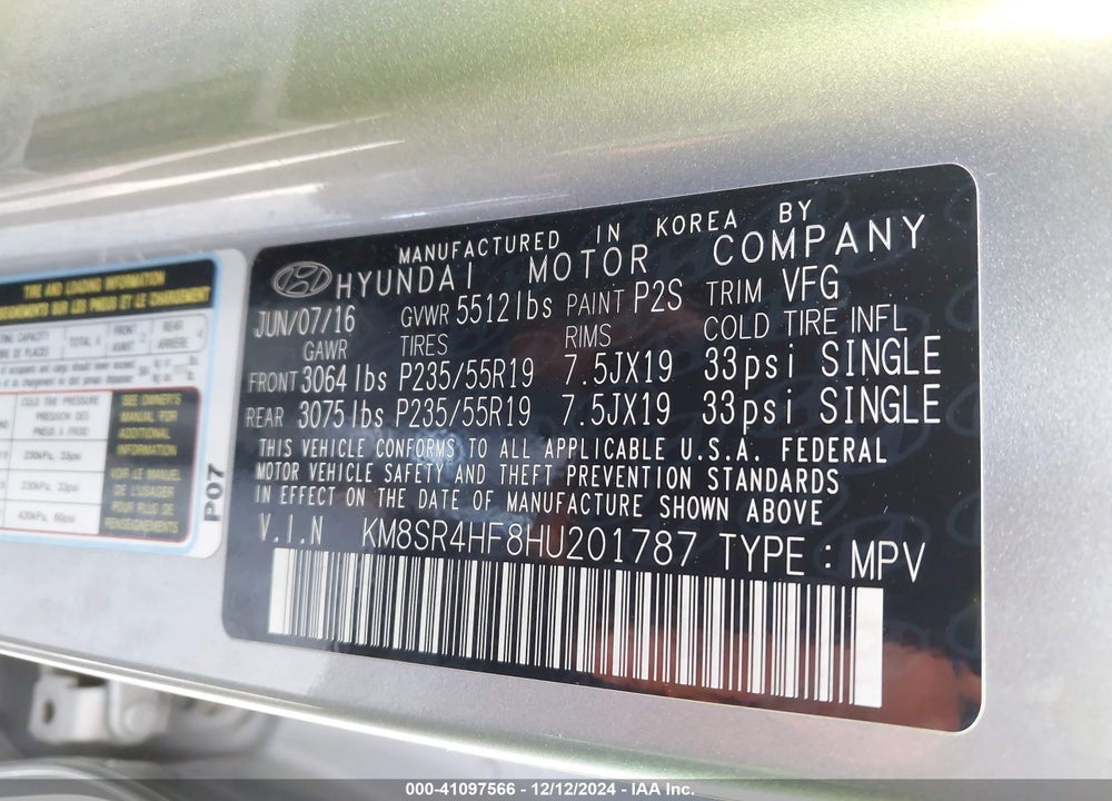 2017 HYUNDAI SANTA FE LIMITED ULTIMATE VIN: KM8SR4HF8HU201787