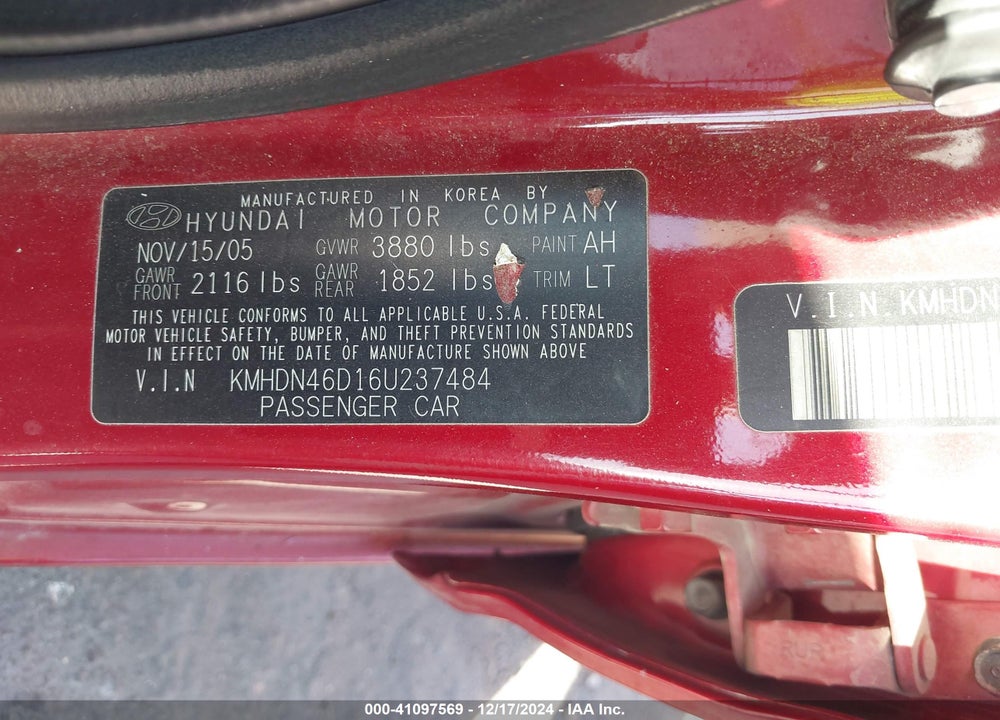 2006 HYUNDAI ELANTRA GLS/LIMITED VIN: KMHDN46D16U237484