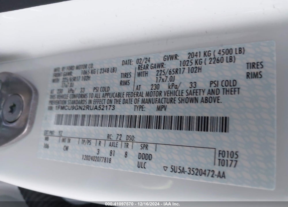2024 FORD ESCAPE ACTIVE VIN: 1FMCU9GN2RUA52173