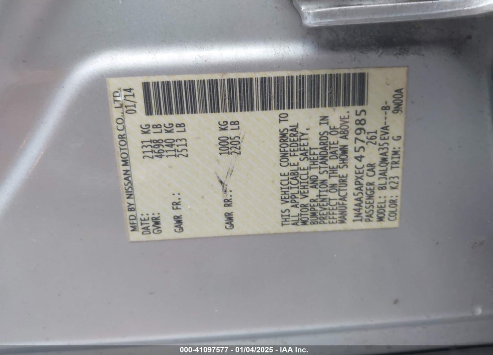 2014 NISSAN MAXIMA VIN: 1N4AA5APXEC457985