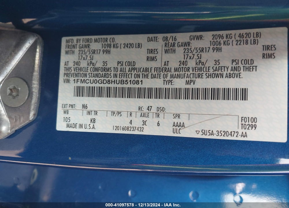 2017 FORD ESCAPE SE VIN: 1FMCU0GD8HUB51081