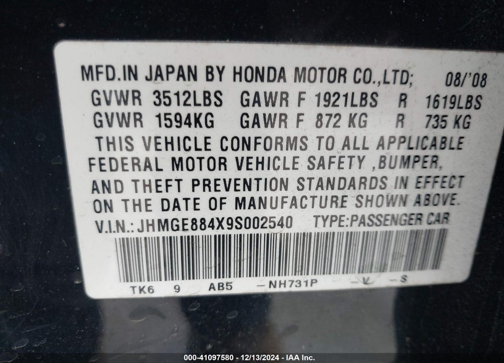 2009 HONDA FIT SPORT VIN: JHMGE884X9S002540