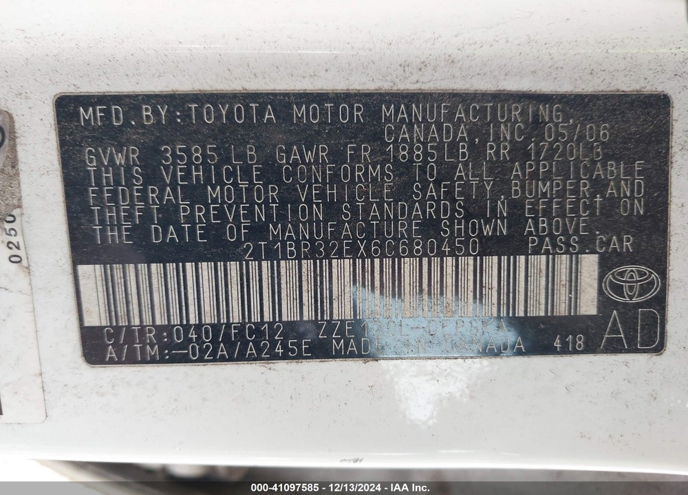 2006 TOYOTA COROLLA S VIN: 2T1BR32EX6C680450