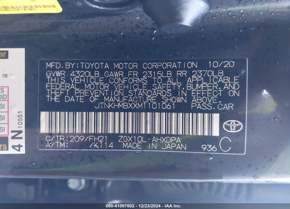 2021 TOYOTA C-HR LE VIN: JTNKHMBXXM1101061