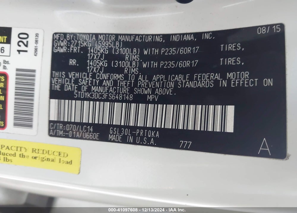 2015 TOYOTA SIENNA XLE LIMITED VIN: 5TDYK3DC3FS648148